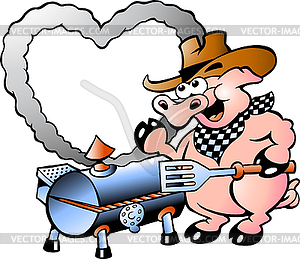 Hand-drawn an Pig making BBQ - vector clipart