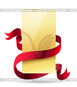 Vertical golden card with red ribbon - vector image