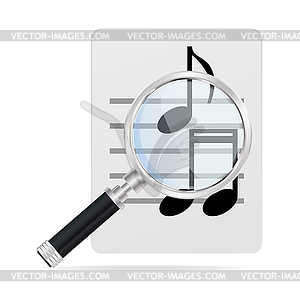 Magnifying glass and musical notes - vector image