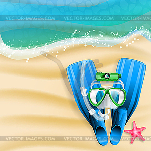 Diving mask, cam, tube and starfish on beach - vector clip art