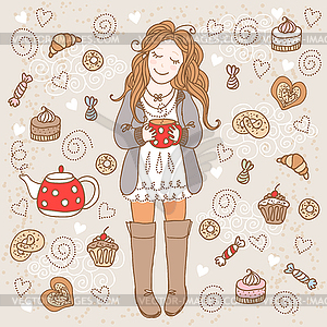 Girl with cup of tea - vector clipart