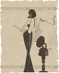 Retro girl with old gramophone background - vector clip art