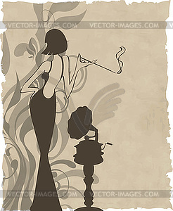 Retro girl with old gramophone background - vector clip art