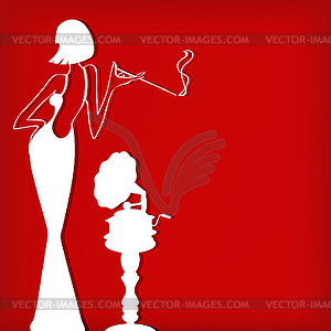 Retro girl with old gramophone background - vector clip art