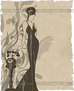 Vintage retro woman silhouette background - vector image