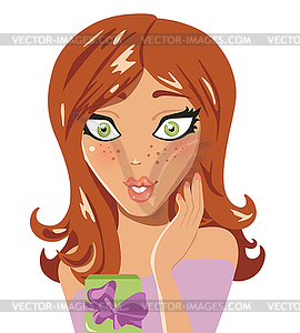 Surprised brunette with gift - vector clip art