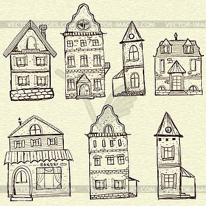 7 old styled houses - vector clipart