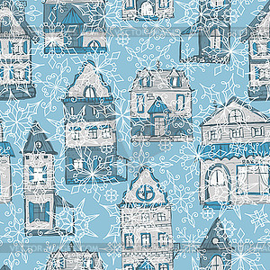 Seamless pattern with houses and snowflakes - royalty-free vector clipart