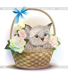 Fluffy kitten sitting in basket with rose - vector clipart