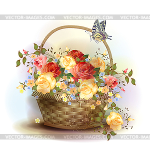 Wicker basket with roses. Victorian style - vector clipart