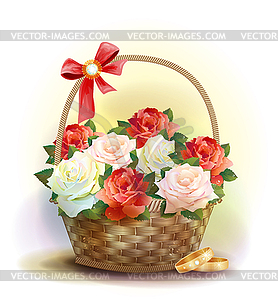 Wedding card. Rings and wicker basket with roses - vector clip art