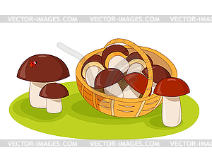 Wicker basket with mushrooms - vector image