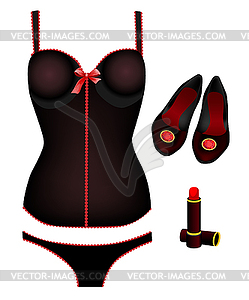 Seductive lingerie collection, lipstick and shoes - vector clip art