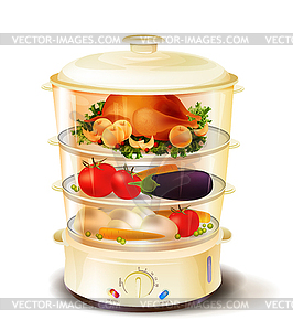 Realistic steamer filled with food - vector image
