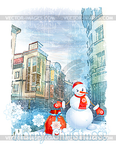 Christmas greeting card with snowman  - vector clipart