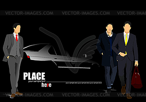 White car silhouette and three businessmen - vector clipart