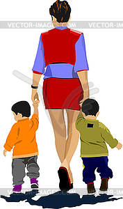 Mother walking with two children - vector image