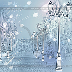 Winter Christmas Cityscape, avenue with vintage - vector image