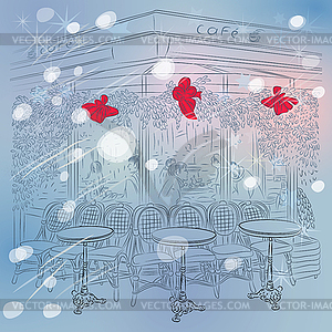 Christmas winter sketch of Parisian cafe - vector image