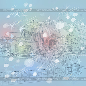 Winter Christmas cityscape with church and river - vector clip art