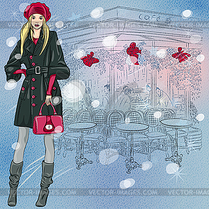 Beautiful fashionable girl near Christmas Parisian - royalty-free vector image