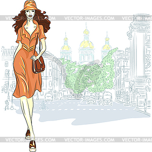 Lovely fashion girl goes for St. Petersburg - vector image