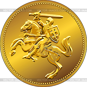 Gold money coin with of charging knight on horseback - vector clipart