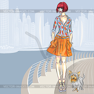 Beautiful girl with dog walks along waterfront - vector image