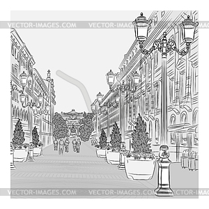 Cityscape, wide avenue with vintage buildings and - vector clipart