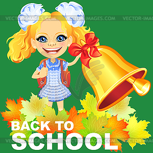 Smiling cute schoolgirl rings bell - vector image