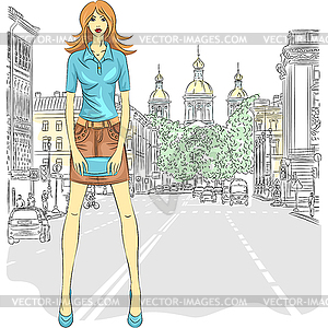 Beautiful fashion girl top model on street in St. - vector clip art