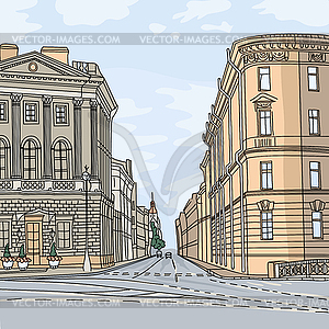 Cityscape, wide avenue in city center - vector image