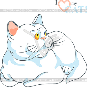 Cute white cat lying - vector image