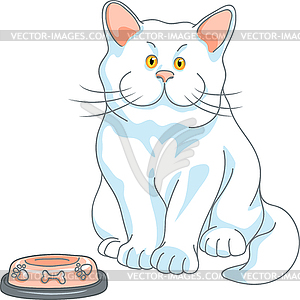 Hungry cute white cat with empty bowl - vector clipart