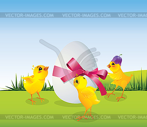 Chickens and egg on meadow - color vector clipart