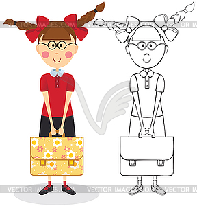 Schoolgirl with briefcase - color vector clipart