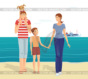 Счастливая семья на пляже - стоковый клипарт