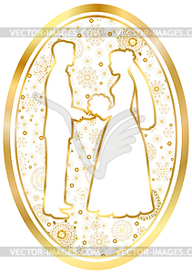 Gold bride and groom in oval - vector clipart