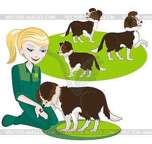 Girl feeding dog dry food - vector image