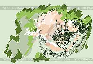 Sketch of girl in hammock - vector clipart