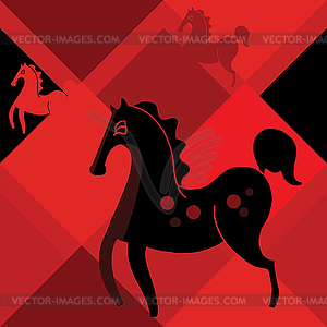 Black horse on red rhombus background - color vector clipart