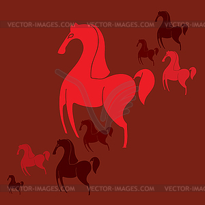 Несколько красных лошадей на красном фоне - векторное изображение клипарта