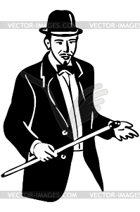 Sketch of young man in bowler hat and cane - vector image