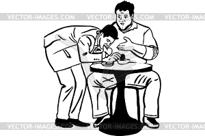 Sketch of thin man takes food of fat man in cafe - vector clipart