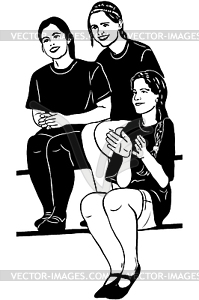 Sketch three girls sit on tribune smile - vector image