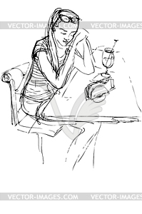 Girl being at table in cafe - vector clip art