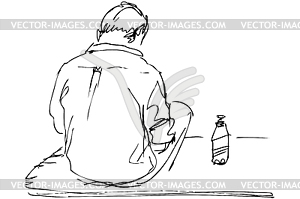 Fellow sits on table with bottle of beer - vector clipart