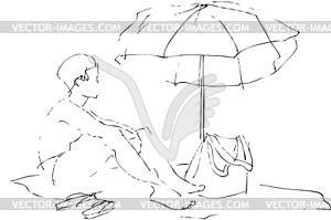 Мальчик сидит на пляже под зонтиком - векторный клипарт