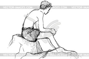 Sketch youth sits on stone sunbathes - vector image