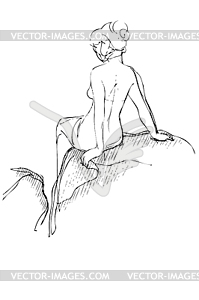 Sketch girl sits on stone sunbathes - vector clipart